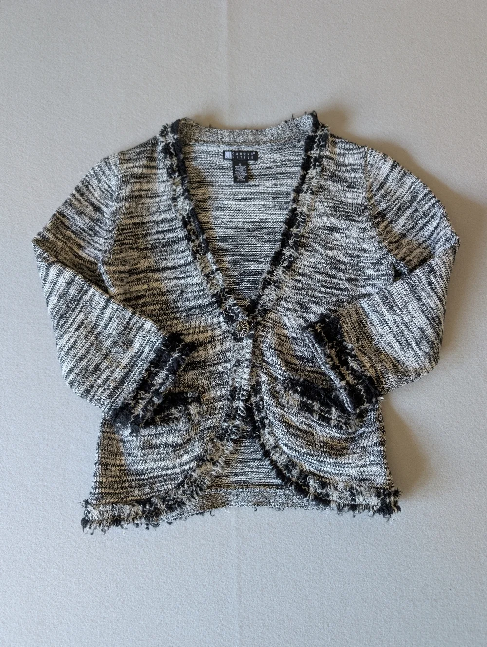 Tweed Knit Cardigan Jacket Black Cream Frayed Trim Chanel Style Sz Small Classic